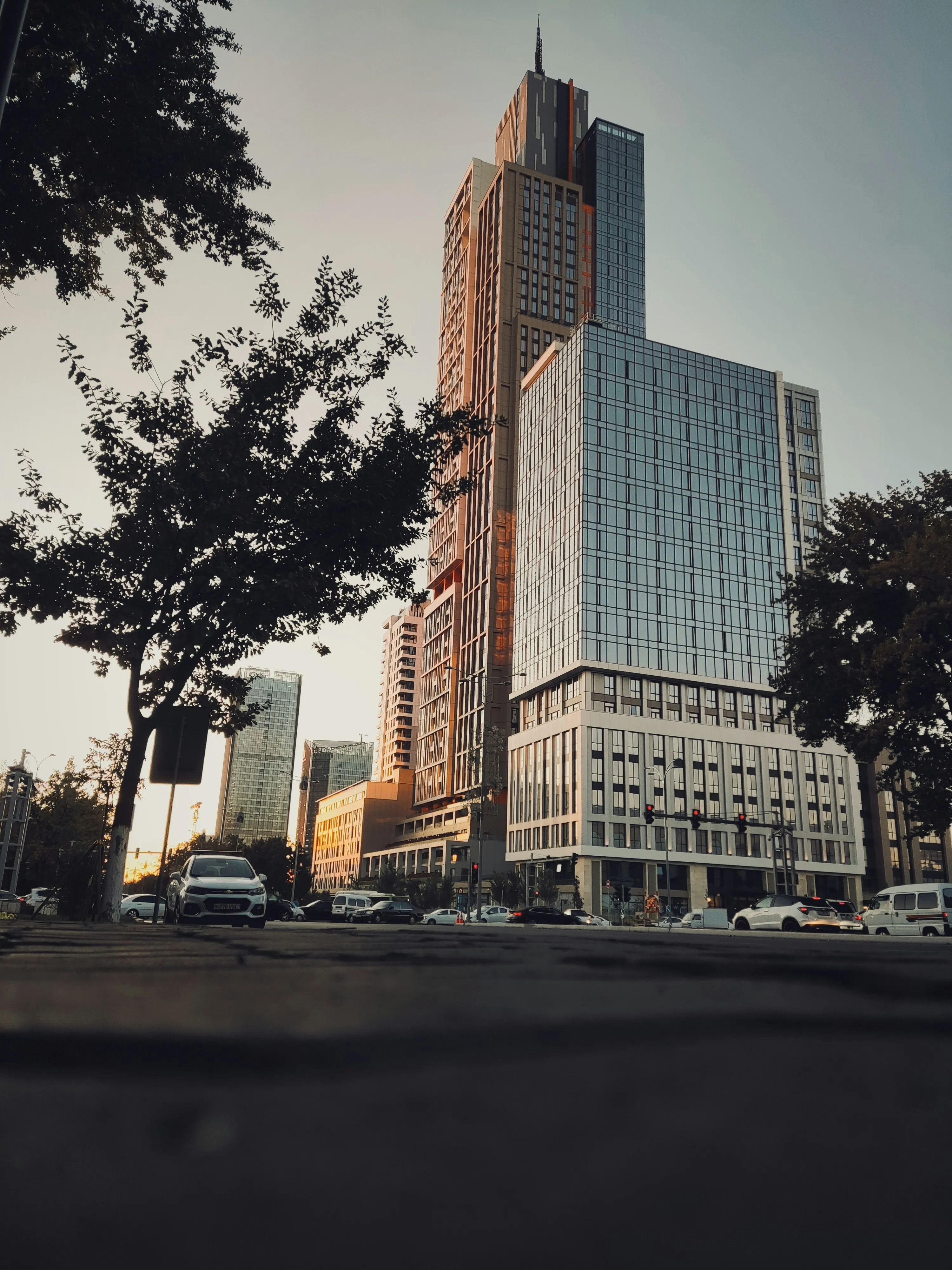 A modern tower in Tashkent at golden hour